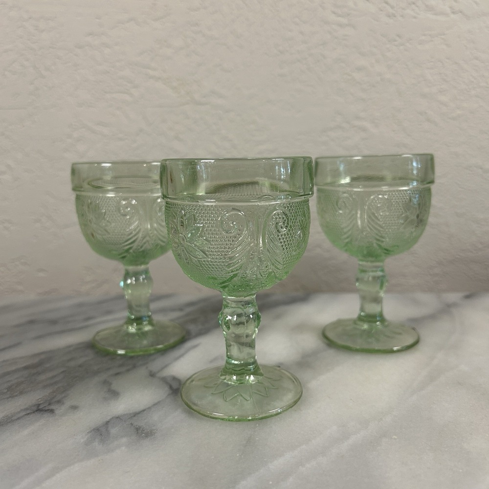 VTG Indiana Glass Cordial Goblets Tiara Sandwich Chantilly Green 4.25" Set of 3
